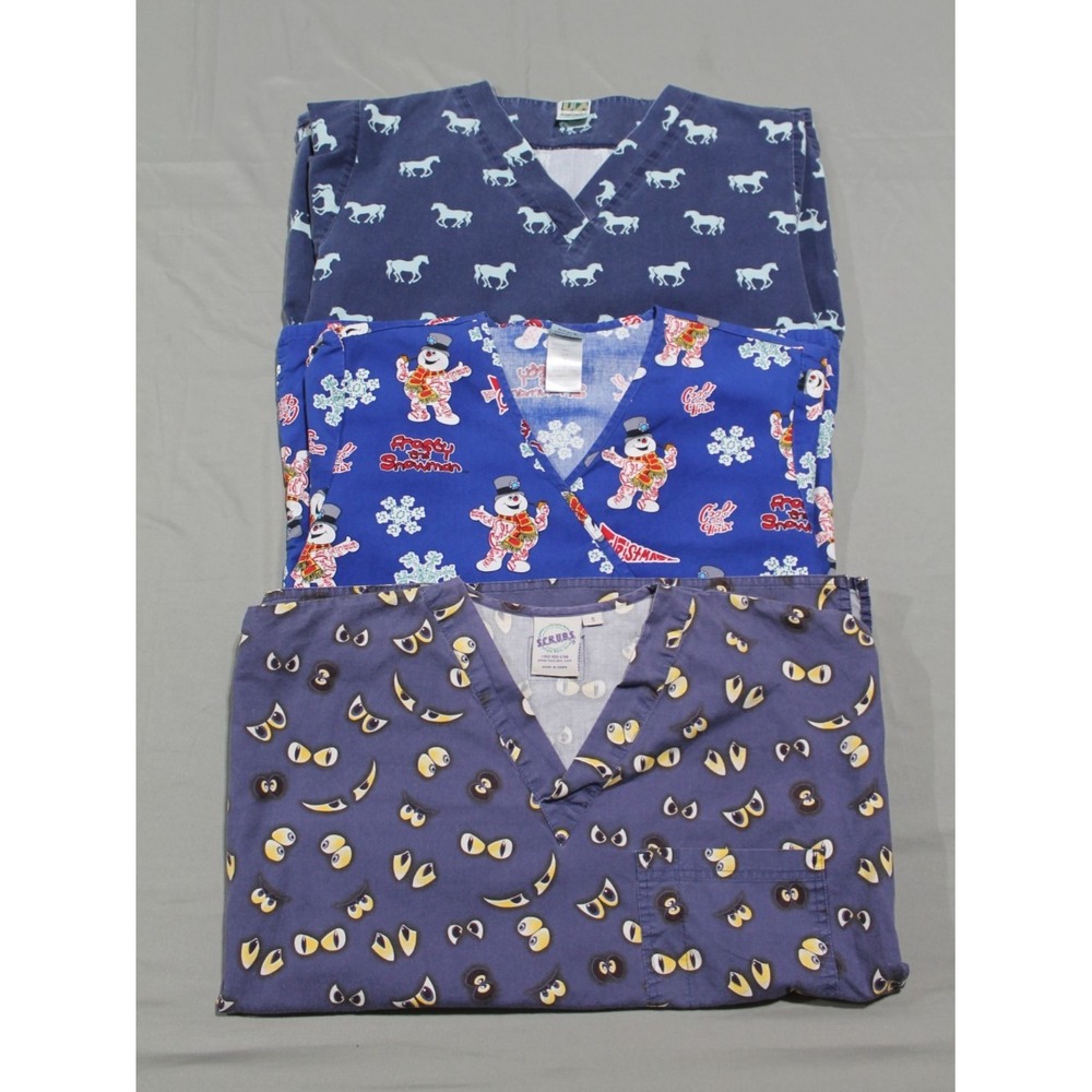 Lot Of 3 Women's Small Scrub Tops Nurse Medical Work Mixed Brands Holiday Prints